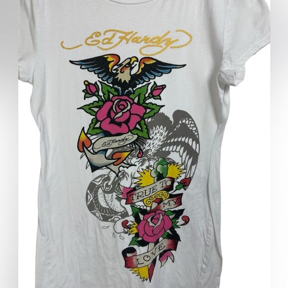 Vintage Ed Hardy True to My Love tshirt dress white eagle roses Y2K streetwear L - Picture 4 of 9